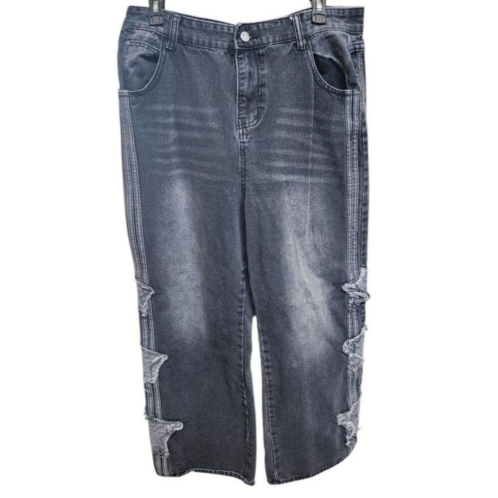 Y2K Baggy Wide Leg Star Jeans Fairy Grunge Patchwork Frayed Distressed Denim 34